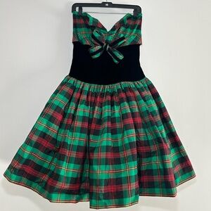 80s Vtg Victor Costa Strapless Taffeta Plaid Velvet Party Prom Christmas Dress 6